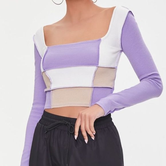 Forever 21 Ribbed Colorblock Long Sleeve Crop Top S - Picture 1 of 4